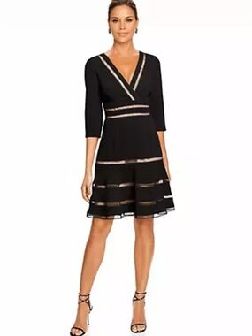 NWT black fit and flare dress deep V wrap neckline crepe with lace details sz 10